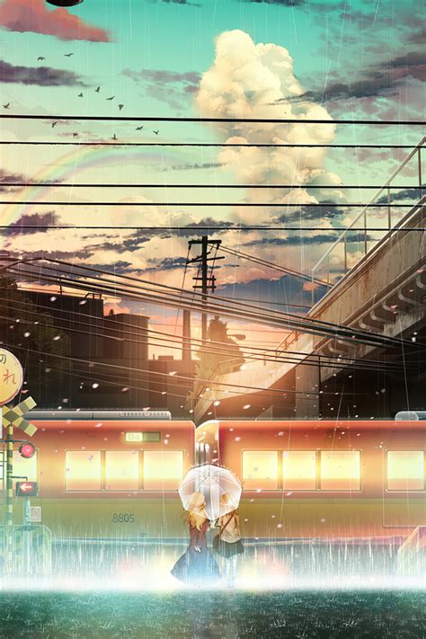 640x960 Anime Girl Raining Train Lines Iphone 4 Iphone 4s Hd 4k