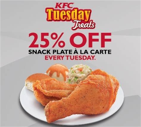Di bawah ini kami akan berkongsi dengan anda, semoga dapat. KFC 25% OFF Discount for Snack Plate Every Tuesday