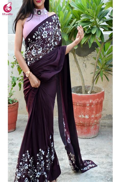buy wine pure silk chiffon sequins pearl handwork saree by colorauction online shopping for