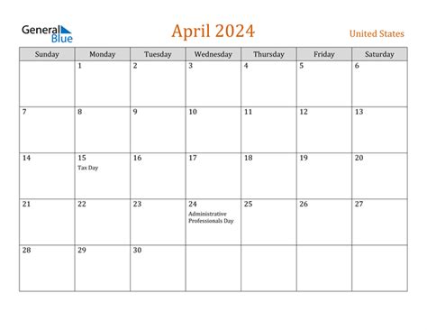 April 2024 Calendar With United States Holidays