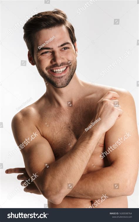 Photo Joyful Halfnaked Man Smiling Looking Stock Photo