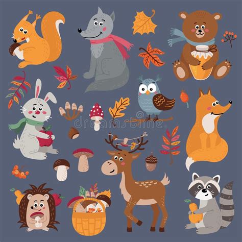 Set Of Cute Forest Animals In Cartoon Style Stock Vector Illustration