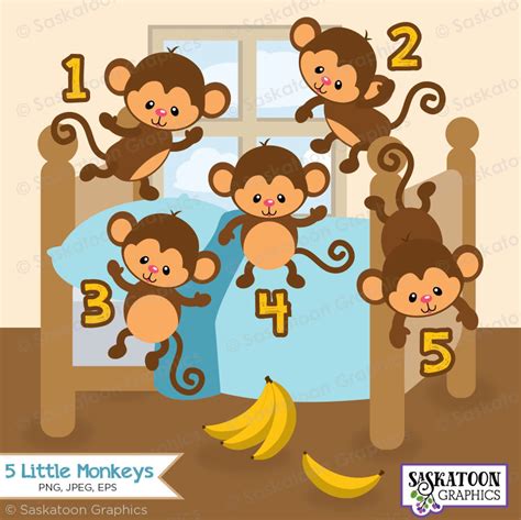 5 Little Monkeys Jumping On The Bed Clipart Set Instant Etsy
