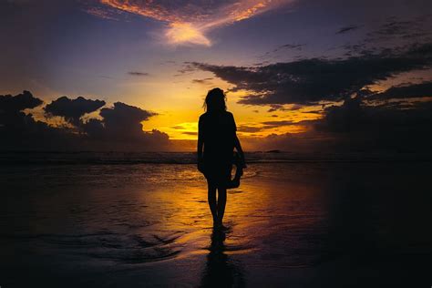 Woman Walking Sea Sunset People Girl Alone Water Beach Shore