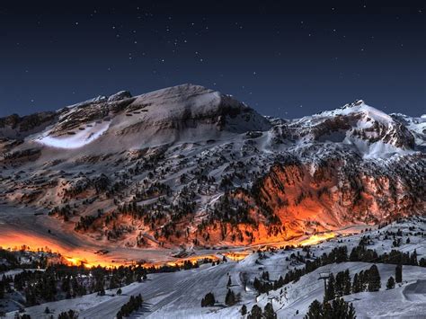 Mountains Landscapes Snow Night Fire Art Photography