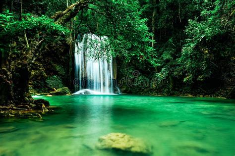 Beautiful Waterfall In The Rainforest Jungle Of Thailand Erawan