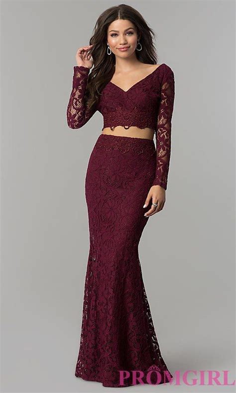 Sleeved V Neck Long Two Piece Lace Prom Dress Long Sleeve Prom Dress