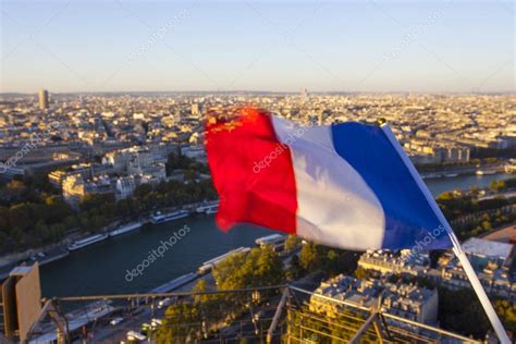 Flag France Paris City Top View Eiffel Tower Sunset Time Stock Photo