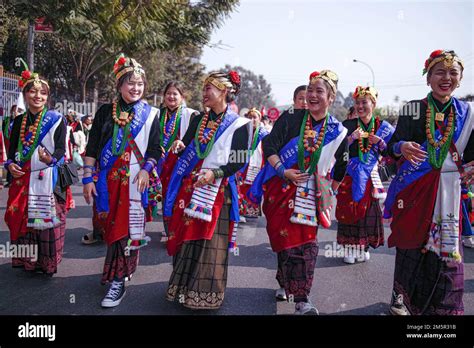kathmandu nepal 30th dec 2022 people of the gurung community wearing traditional attire are