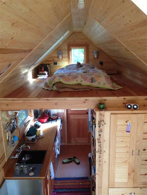 Two Pictures Of A Bedroom And Kitchen In A Small Cabin With Wood Walls