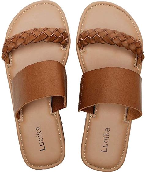 Luoika Womens Wide Width Slide Sandals Slip On Flat Open Toe Double Bands Casual Summer Shoes