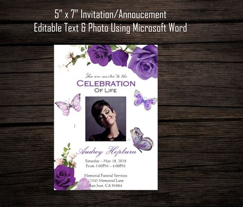 Purple Roses Butterflies Funeral Announcement Memorial Etsy Canada