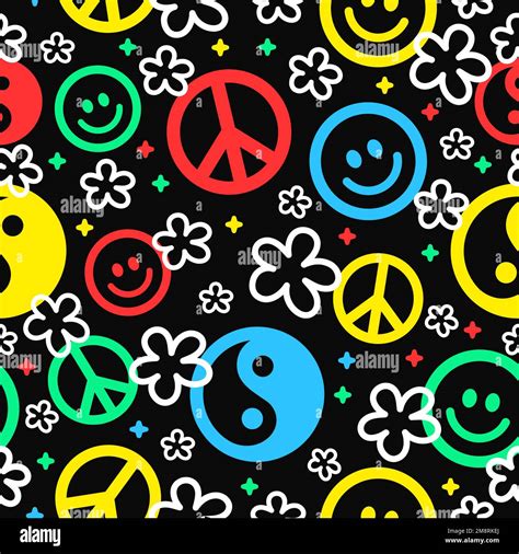 Yin Yangpeace Hippie Signsmile Face Seamless Patternvector Hand Drawn Cartoon Character