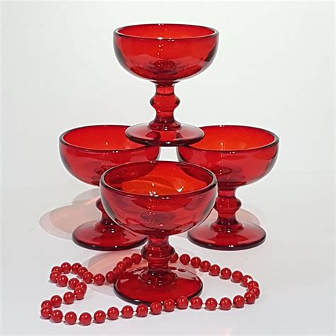 Set Of 4 Vintage Red Pressed Glass Pedestal Dessert Dishes Sundae Bowls Red Glass Stemware