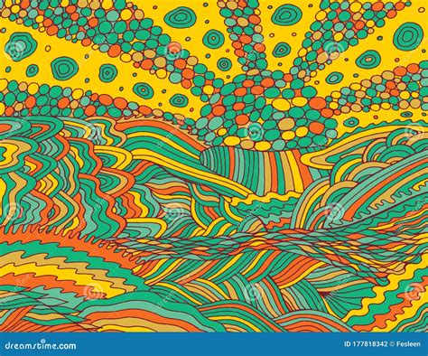 Psychedelic Landscape Colorful Psychedelic Folk Poster Hippie Art Sea Sunsetsun Ocean Sky