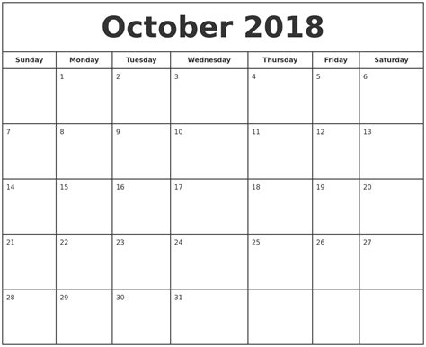 October 2018 Print Free Calendar
