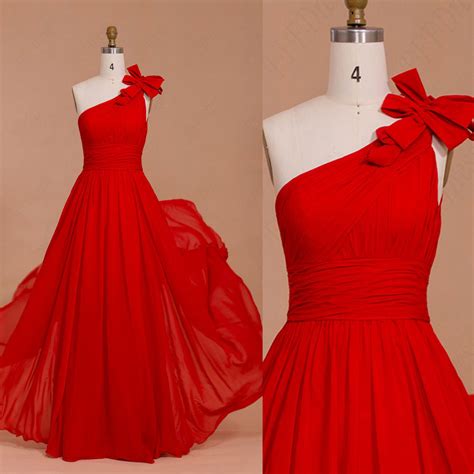 One Shoulder Red Chiffon Long Prom Dresses Mypromdress