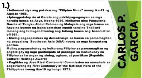 mga tanong 1 ano ano ang mga naging programa at patakaran ni pangulong garcia2 ano ano ang