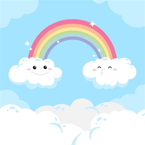 Hand Drawn Rainbow And Clouds With Faces Free Vector