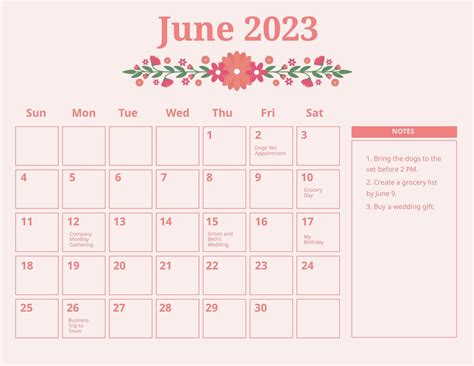Cute Printable June 2023 Calendar
