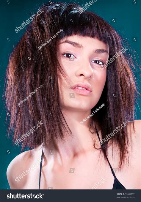 Close Beautiful Young Brunette Posing Studio Stock Photo 53581957