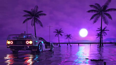 2048x1152 Retro Wave Sunset And Running Car 2048x1152 Resolution