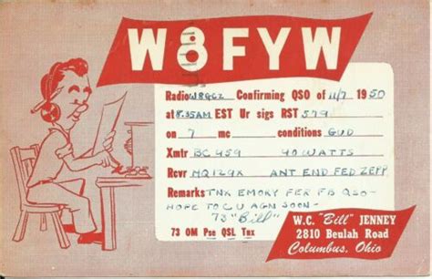 Vintage W8fyw Columbus Ohio Usa 1950 Amateur Radio Qsl Card Ebay