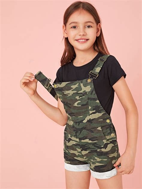 Shein Girls Camo Print Patch Pocket Cuffed Hem Overall Shorts Tween Fashion Outfits Camo Girl