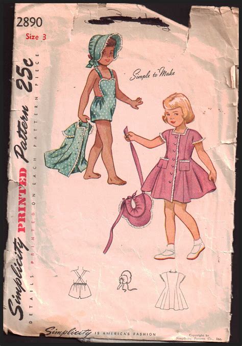 Simplicity 2890 Girls Playsuit Dress Bonnet Size 3 Used Sewing Pattern