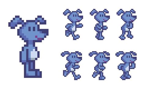 pixel art 8 bits personaje azul cachorro correr animación vector