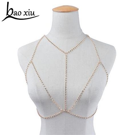 Europe Silver Gold Crystal Necklace Body Chain Sexy Choker Vest Bra