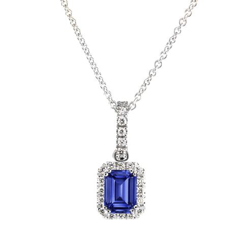 Carat Emerald Shape Genuine Blue Sapphire Diamond Halo Necklace Pendant Sarkisians Jewelry