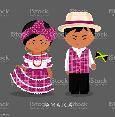 Jamaicans In National Dress With A Flag Stock Illustration Download