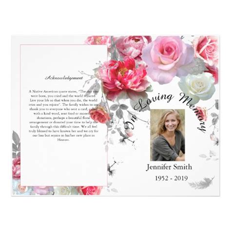 Bi Fold Pink And Grey Roses Funeral Program Flyer