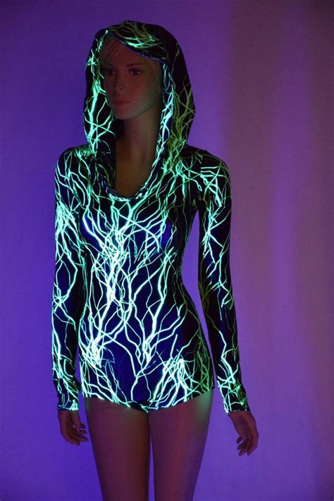 Neon Uv Glow Green Lightning Print Long Sleeve Hoodie Romper Etsy