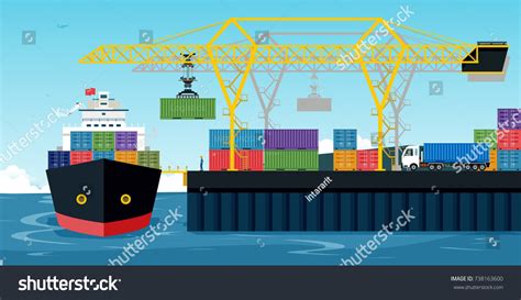 Ports Cargo Ships Containers Work Crane Stock Vector Royalty Free