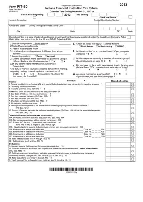 Form Fit 20 Indiana Financial Institution Tax Return 2013 Printable