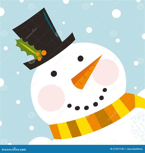 Cute Happy Snowman Face With Snowing Background Stock Photo Image