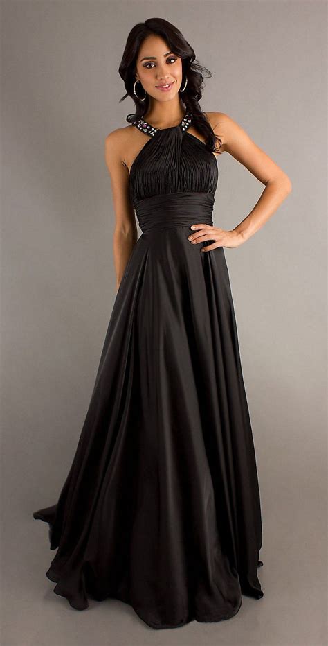Classic High Neck Halter Prom Dress Black Long Silky Satin 7 Colors