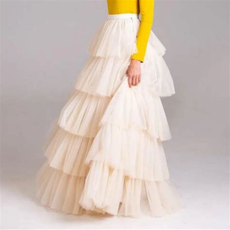 Chic Tiered Ruffle Ivory Tutu Tulle Long Skirts New Saia Mesh Prom