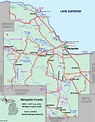 Marquette County Map Tour lakes snowmobile ATV river hike hotels motels ...