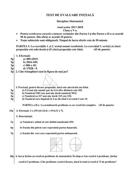 Model Rezolvat Test Initial Matematica Clasa A 5 A An Scolar 2017 2018 Barem De Corectare Si