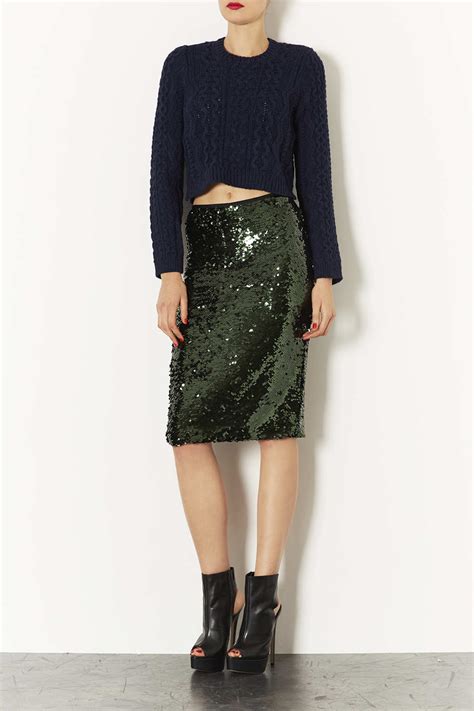 Topshop Sequin Pencil Skirt In Green Lyst