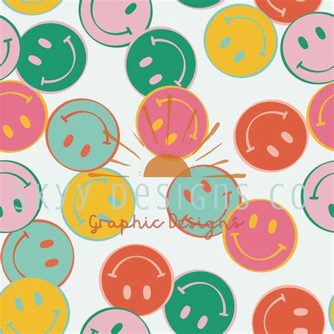 Retro Bright Smiley Face Bundle Digital Seamless Pattern For Etsy Uk