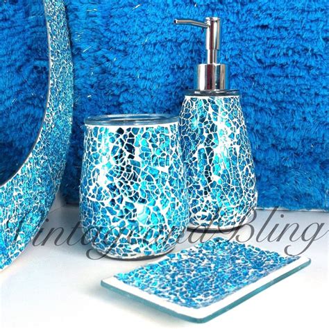 Navy blue bathroom accessories | wayfair. Blue Sparkle Crackle Glass Bathroom Accessory Set Tumbler ...