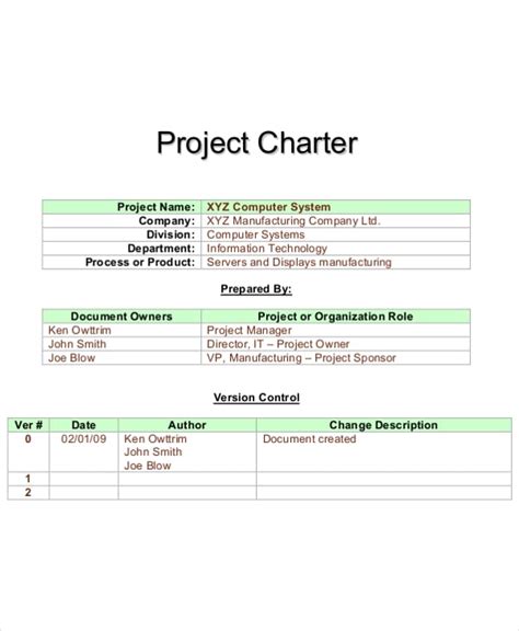 Project Charter Excel Template