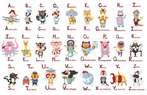 Abc Latin Alphabet Cute Animal Professions Letter A Z In Flat Cartoon