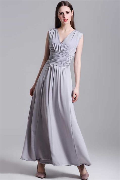 Light Gray V Neck Wrap Ruched Sleeveless Casual Maxi Dress Chic394017