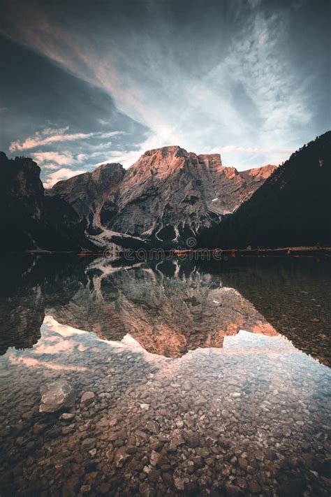 Mountain Lake Reflection At Lago Di Braies In Summer Stock Photo