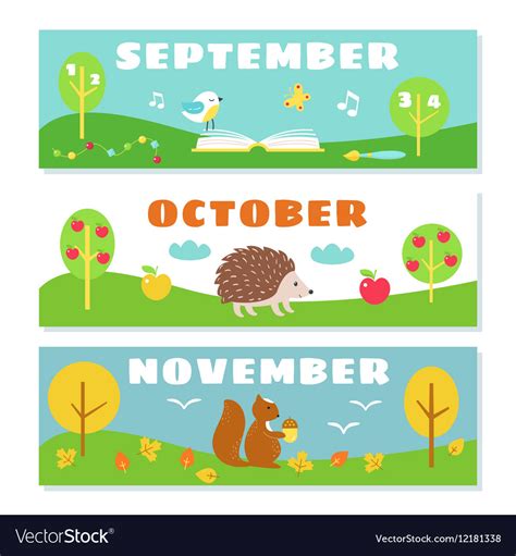Autumn Months Calendar Flashcards Set Nature And Vector Image
